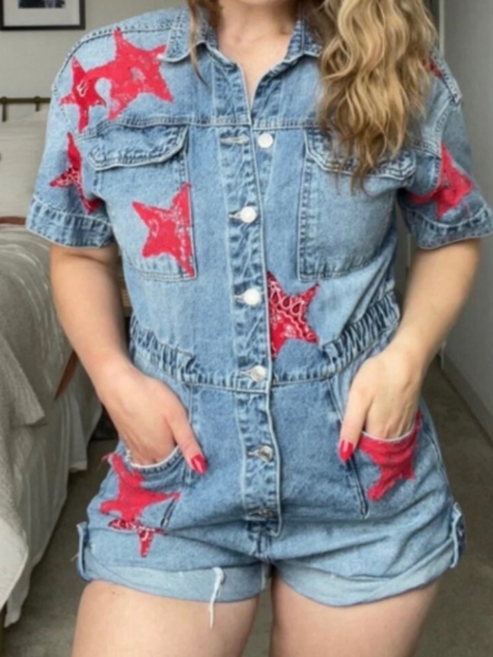 FREE PEOPLE X TRICIA FIX Patchwork Stars Denim Shortalls Size Large